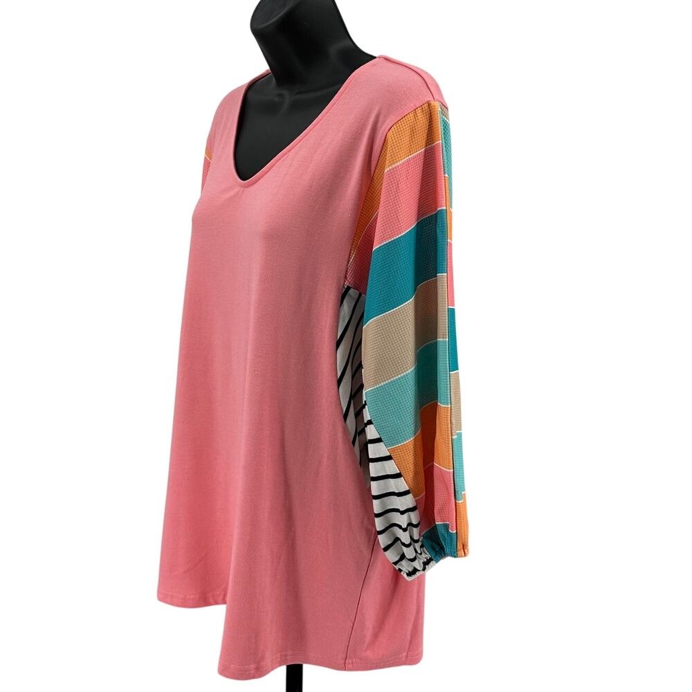 Womens Shirt SZ L Peasant Orange Colorblock Striped V-Neck 3/4 Sleeves Pullover - Picture 4 of 5